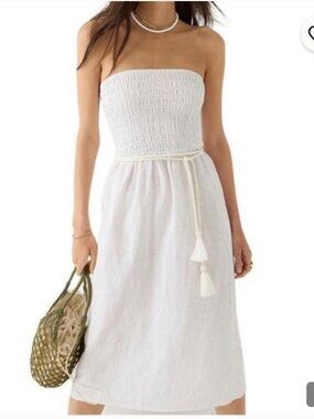 NEW J Crew Strapless Smocked 100% Linen Dress. White Sz 2X NWT